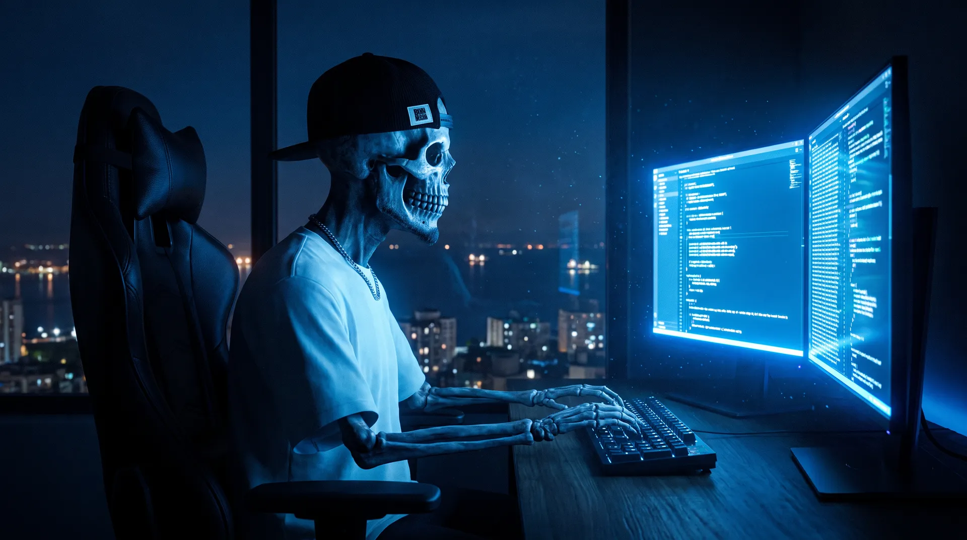 La mascotte de Bou Made code la nuit devant deux écrans bleus