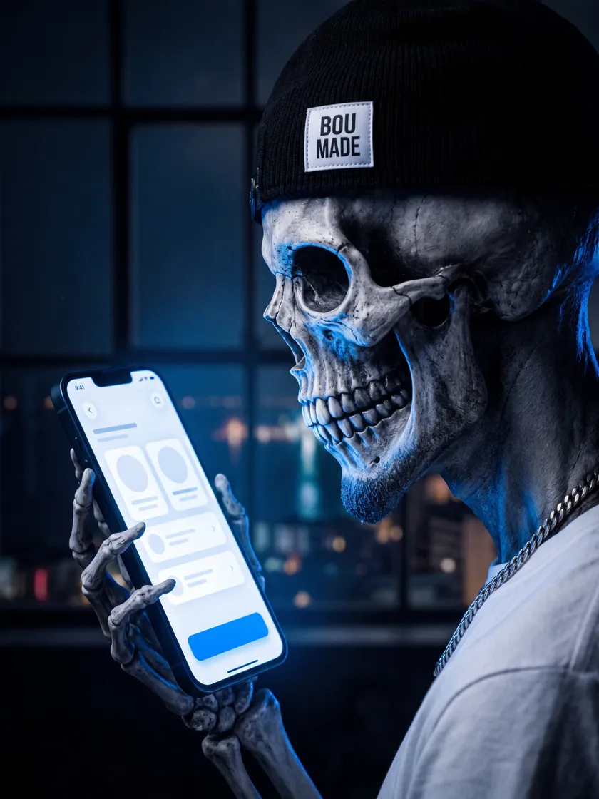 La mascotte tient un téléphone avec une application