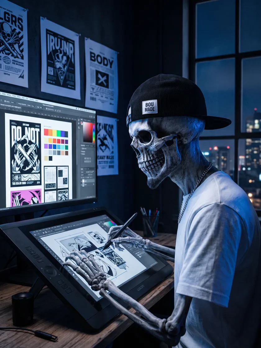 La mascotte dessine sur une tablette graphique